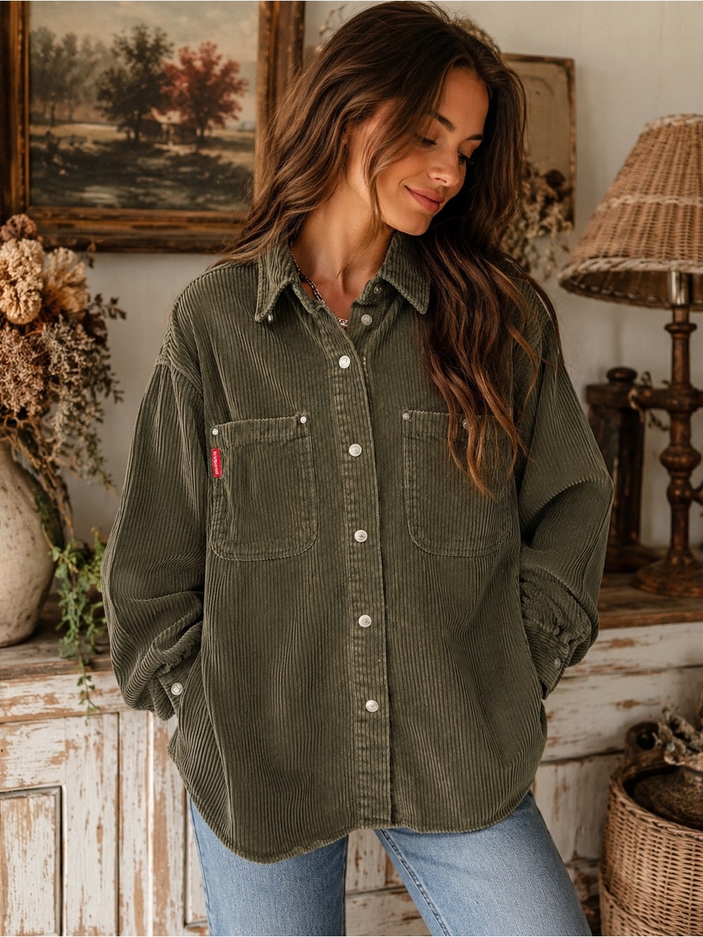 Olive Green Corduroy Snap Front Shacket Unionbay Medium